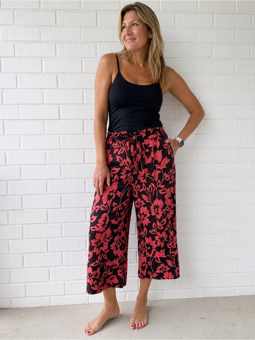 Zara Floral Wide Leg Cropped Pants Large Dark Brown Pink Tropical Drawstring